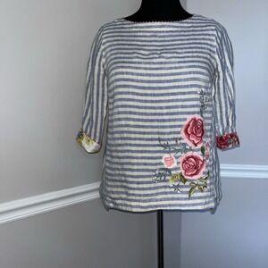 J. Jill Love Linen Blue Striped Floral 3/4 Sleeve‎ Blouse Women Size XS